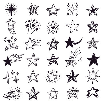 Hand drawn star sketch. Doodle stars sketch, drawing ink starburst and shiny stars. Starry doodles vector illustration icons set. Drawing star in space, starry sparkle cosmic linear art