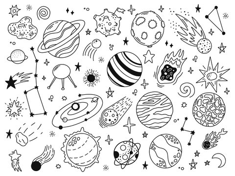 Space doodles. Sketch space planets, hand drawn celestial bodies, earth, sun and moon. Universe space planets vector illustration icons set. Celestial doodle, moon and sun drawing, universe cosmic