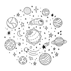 Doodle solar system. Hand drawn sketch planets, cosmic comet and stars, astronomy space doodles. Celestial solar system vector icons illustration. Universe and cosmos, moon and planets