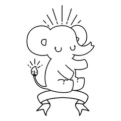 banner with black line work tattoo style cute elephant
