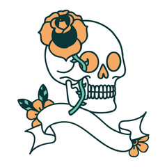 tattoo with banner of a skull and rose