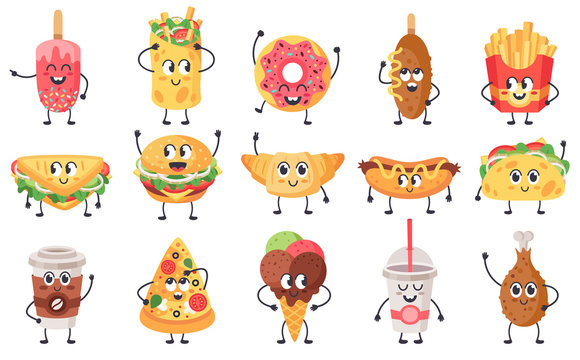 Funny food mascots. Cute doodle junk food mascot, fast food with faces, happy cheeseburger, pizza and croissant vector illustration icons set. Sandwich and snack with face cute, unhealthy meal