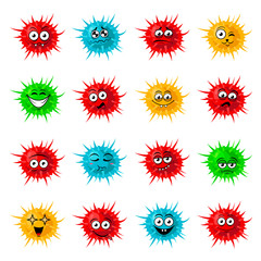 Cute bacteria, virus, germ cartoon character set. Microbe and pathogen vector icons isolated on background. Covid-19 emoji. Coronavirus smile set