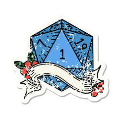 natural one d20 dice roll grunge sticker