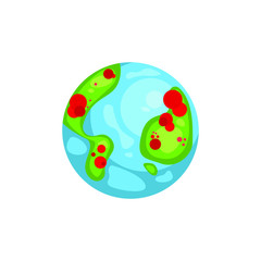 Earth with red dots showing virus spread flat icon. SARS-CoV-2 novel coronavirus global pandemic map vector illustration