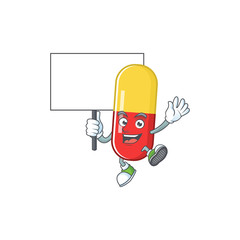 Sweet red yellow capsules cartoon character rise up a board