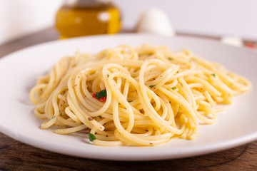 Italian spaghetti with garlic, olive oil, hot pepper and parsley. Fast and healthy lunch.
