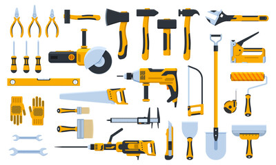 Construction tools. Building repair hand tools, renovation kit, hammer, saw, drill and shovel. Home repair tool vector illustration icons set. Repair tool, hammer and trowel, paintbrush and saw - obrazy, fototapety, plakaty