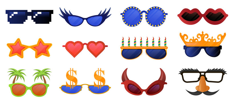 Funny party glasses. Carnival, masquerade sunglasses, photo booth party decorative glasses vector illustration icons set. Masquerade glasses collection, funny mustache and mask
