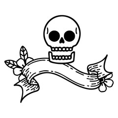 black linework tattoo with banner of a skull
