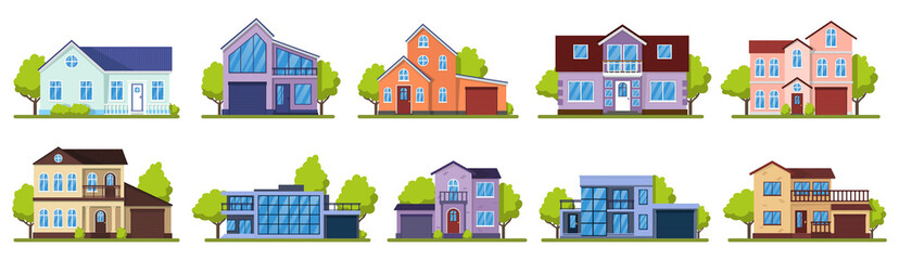 Suburban houses. Living real estate house, modern country villas. Home facade, street architecture vector illustration icons set. House building, home estate suburban, architecture living illustration