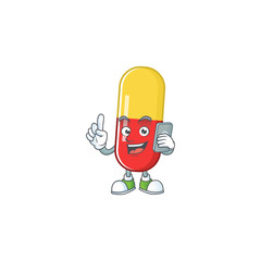 Cartoon design concept of red yellow capsules talking on phone