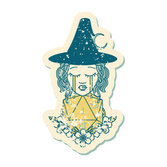 crying human witch with natural one D20 dice roll grunge sticker