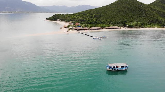 Aerial of Diep Son island, Vanh Ninh, Van Phong Bay, Khanh Hoa. the Island is famous for the white sand road locate under the sea water level connecting two islands with natural scenery wild
