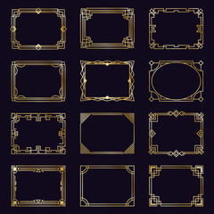 Golden art deco frames. Modern gold elegant borders, arabic geometric decorative ornament frame, antique decorative elements isolated icons set. Border frame, geometric golden filigree illustration