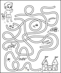 Black and white educational maze game for kids in beach theme. Vector illustration.
