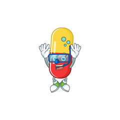 Mascot design concept of red yellow capsules wearing Diving glasses
