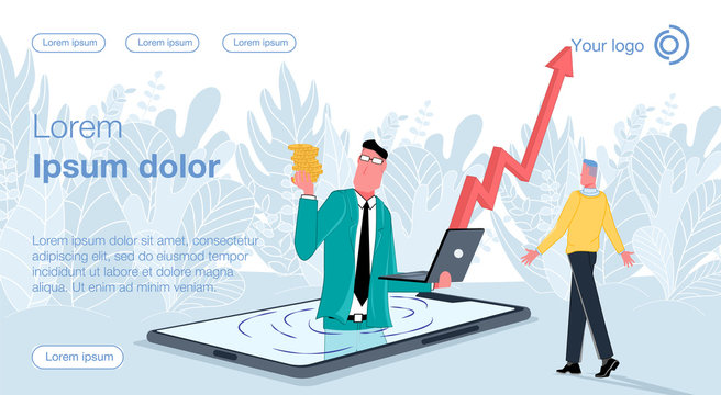 A man in a business suit is half visible from the phone, he is holding a laptop in one hand and coins in the other, a graph is growing up from the laptop. Vector illustration of distance earnings
