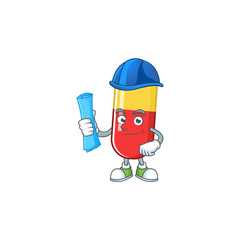 Talented Architect red yellow capsules cartoon design style having blue prints