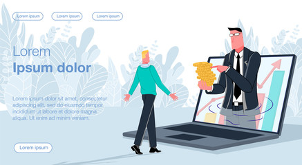 A businessman from the phone holds in his hand money telling a man in a green sweater about a business. Infographics on the background. Business vector concept illustration.
