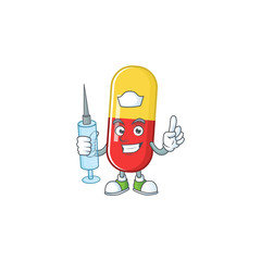 Friendly Nurse red yellow capsules mascot design style using syringe