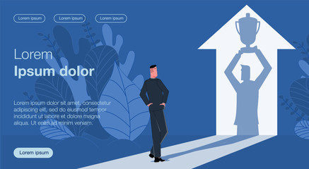 A male businessman is standing with his back looking at his shadow on which he is holding a cup. Vector illustration symbolizing victory in business and work.