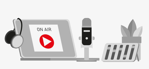 Flat illustration for podcasting, broadcasting, straeming or online radio. Equipment for entertaiment, recording the podcasts and streaming games and etc.