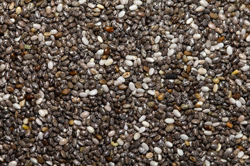 Chia seeds close-up background macro. The texture of the Chia seeds. Copy space. Flat lay. Healthy food from Chia seeds.