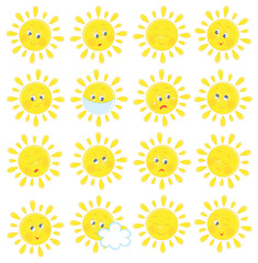 Set of funny yellow sun emoticons with smiling, sad and many other faces of toy characters with different emotions, vector cartoon illustrations on a white background