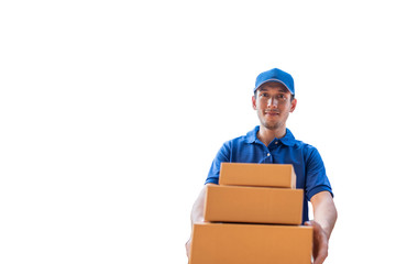 The deliveryman in blue dress, carrying parcels, delivering packages to customers on a white background,Parcel delivery concept