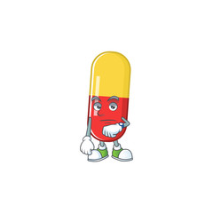 Red yellow capsules with waiting gesture cartoon mascot design concept
