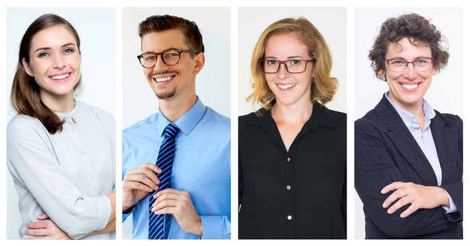 Montage of isolated portraits of attractive smiling young colleagues. Young man adjusting his tie, wearing eyeglasses. Confident mature woman dressed formally. Business collage. Business team concept.