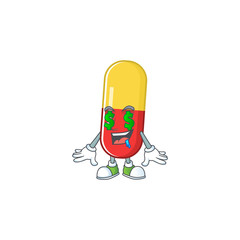 mascot character style of rich red yellow capsules with money eyes