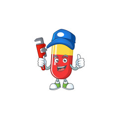 Mascot design concept of red yellow capsules work as smart Plumber