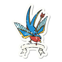 grunge sticker with banner of a swallow pierced by arrow
