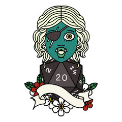 half orc rogue with natural twenty dice roll illustration