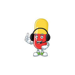 Red yellow capsules cartoon character style speaking on headphone