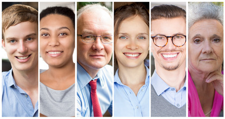 Set portrait of exceptional unique people wearing casual clothes. Differently dressed people of all ages displaying genuine emotions. People and emotions concept.
