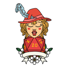 human bard character with natural 20 dice roll illustration