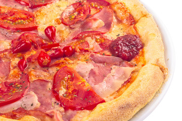 tasty homemade pizza on a white plate with tomatoes and ham. italian food isolated on the white background