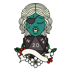 half orc rogue with natural twenty dice roll illustration