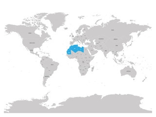 Fototapeta na wymiar Map of Maghreb countries - Northwest Africa states blue highlighted in World map. Vector illustration