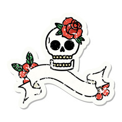 grunge sticker with banner of a skull and rose