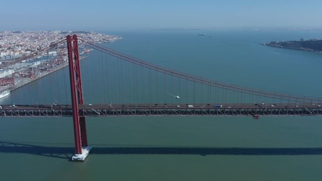 Aerial Drone Shot Spanning over the 25th of April Bridge & Tagus River in Lisbon, Portugal