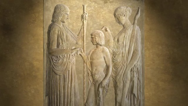 Animated lithography of the goddess Demeter and her daughter Persephone