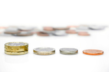 Side view and line up of British currency coins with blurry coin behind and isolate on white background. Coin line up is like the economy of the country.