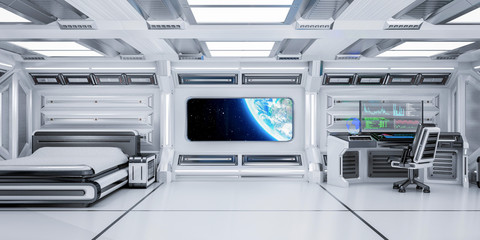 Futuristic Science Fiction Bedroom Interior with Planet Earth View in Space Station, 3D Rendering - 340198143