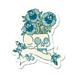 grunge sticker with banner of a skull and roses