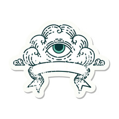 grunge sticker with banner of an all seeing eye cloud