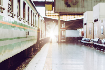 Solo woman backpacker traveler plan safety trip low cost budget summer holiday after coronavirus. Empty tourist on train railway platform. Use bus train sustainable environmental friendly transport